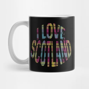 I LOVE SCOTLAND Pink, Yellow and Blue Tartan Colour Typography Design Mug